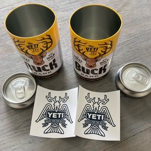 Two Yeti Buck Bank cans and two stickers